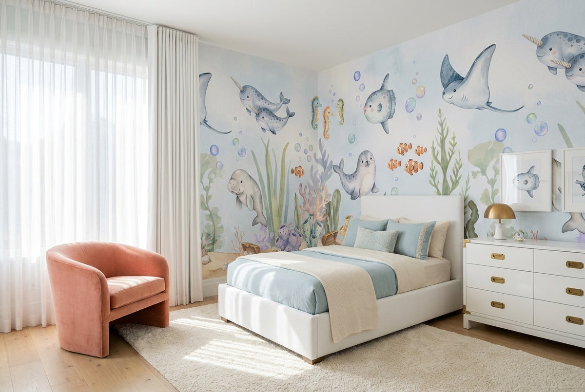 custom aqua sea life kids room removable non woven vinyl self adhesive wallpaper mural