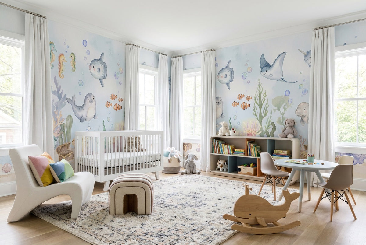 custom aqua sea life nursery removable non woven vinyl stick on wallpaper mural