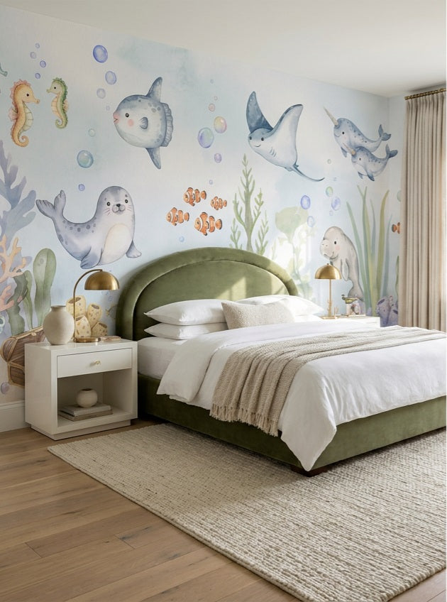 Light Blue Watercolour Sea Friends Wallpaper Mural bedroom scene