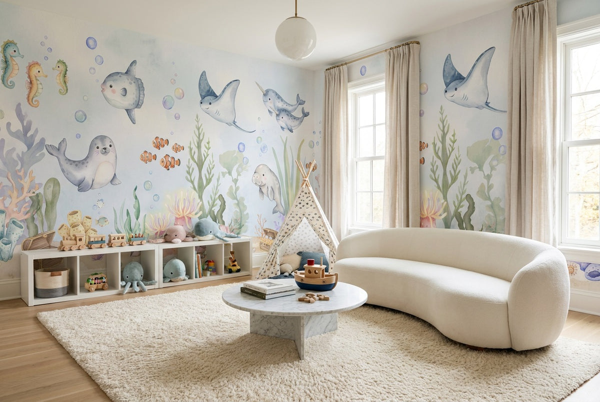 custom aqua sea life wallpaper mural playroom stick on non woven vinyl removable