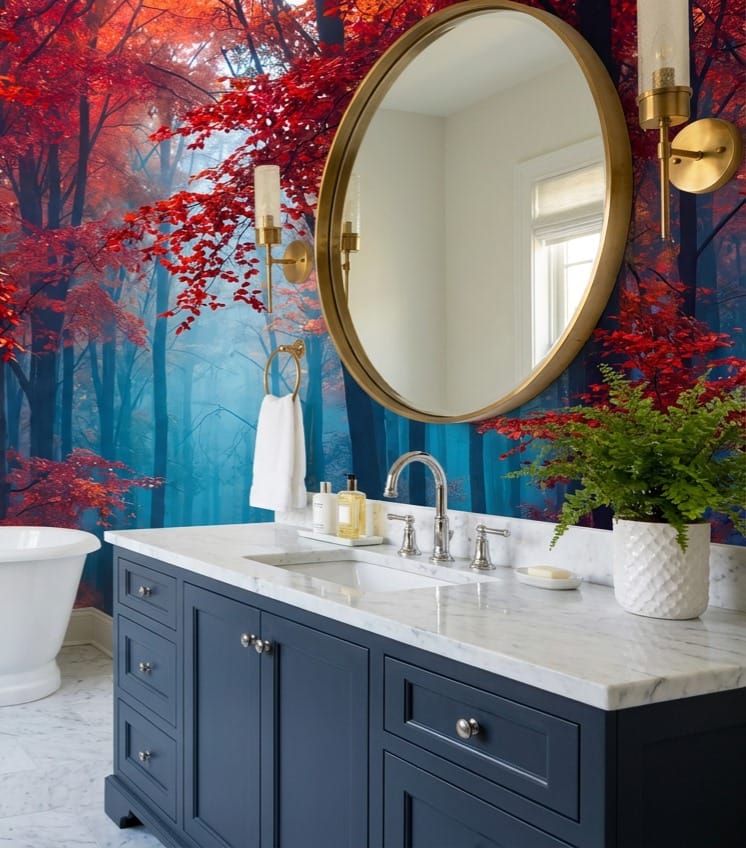 Crimson Blue Mist Autumn Forest Wallpaper Mural in custom