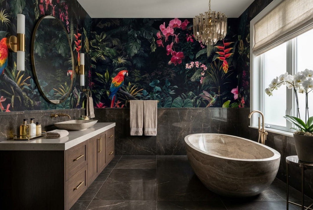 Plum Macaw Orchid Dark Jungle Wallpaper Mural in custom