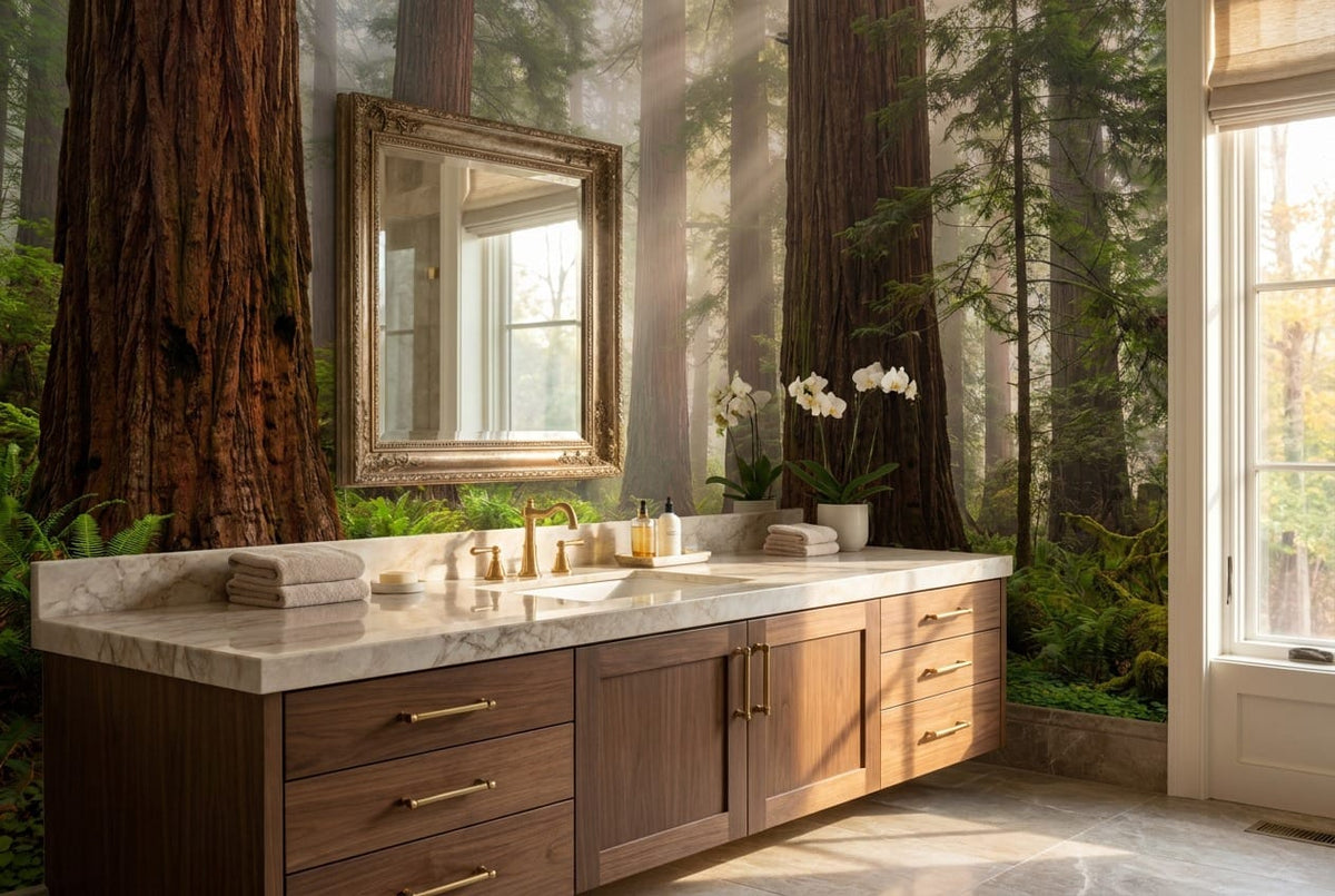 Misty Sunbeam Redwood Forest Path Wallpaper Mural in custom