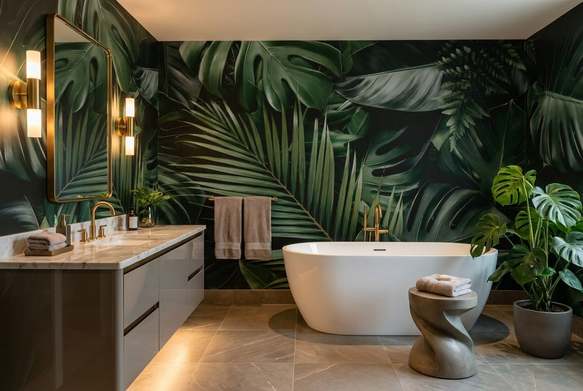Emerald Monstera Palm Jungle Wallpaper Mural in custom