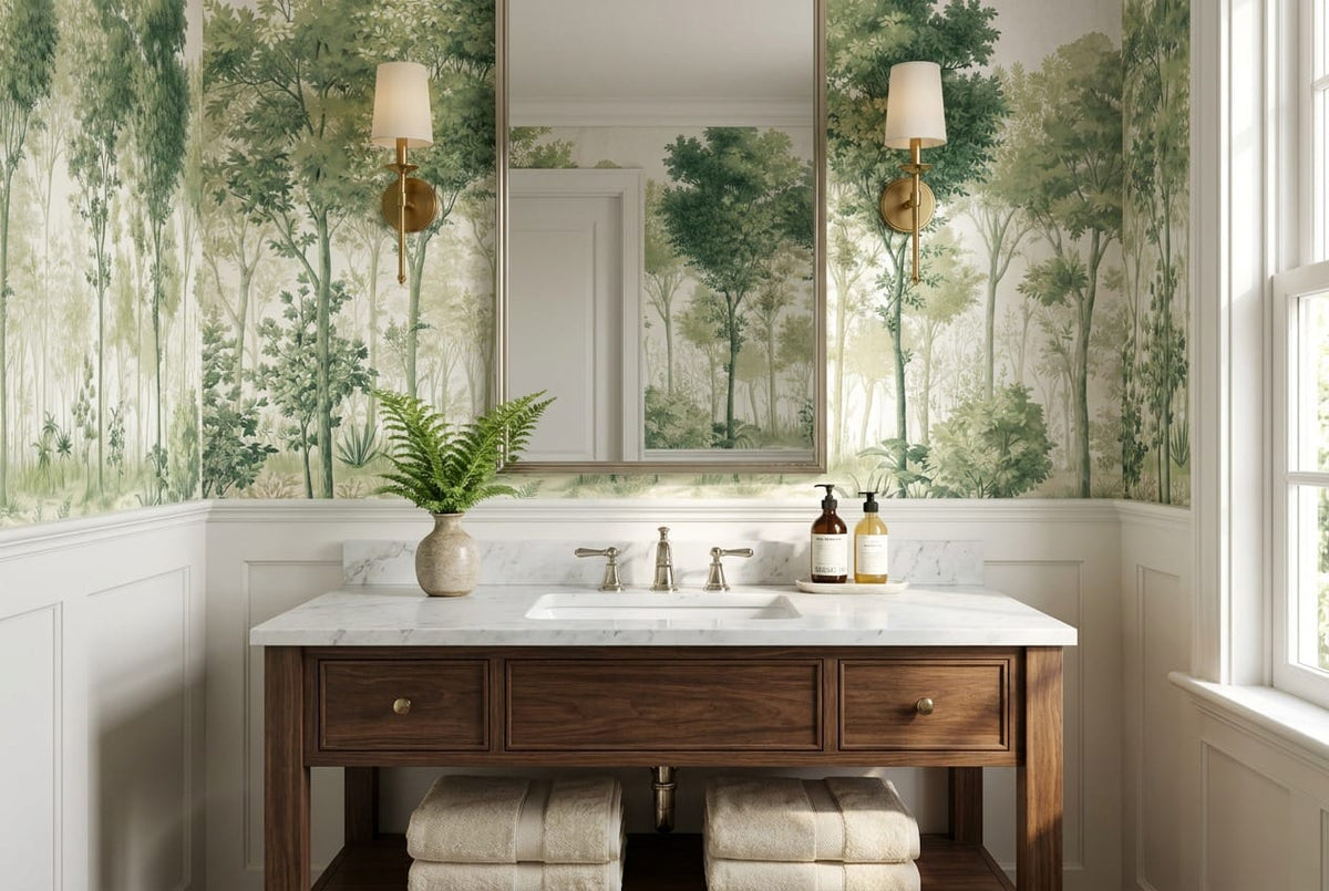 Pale Sage Botanical Nordic Forest Green Wallpaper Mural scene image