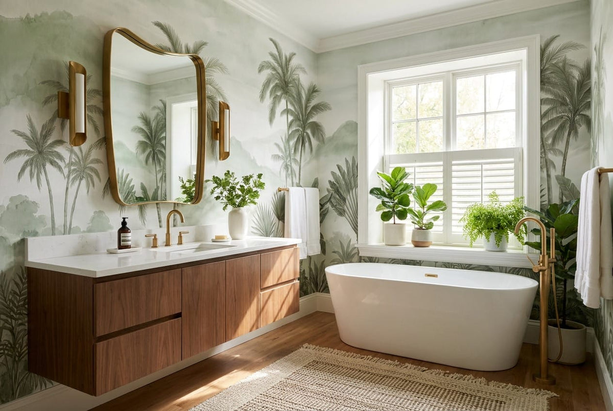 Mint Brown Hand Drawn Palm Vintage Jungle Wallpaper Mural in custom