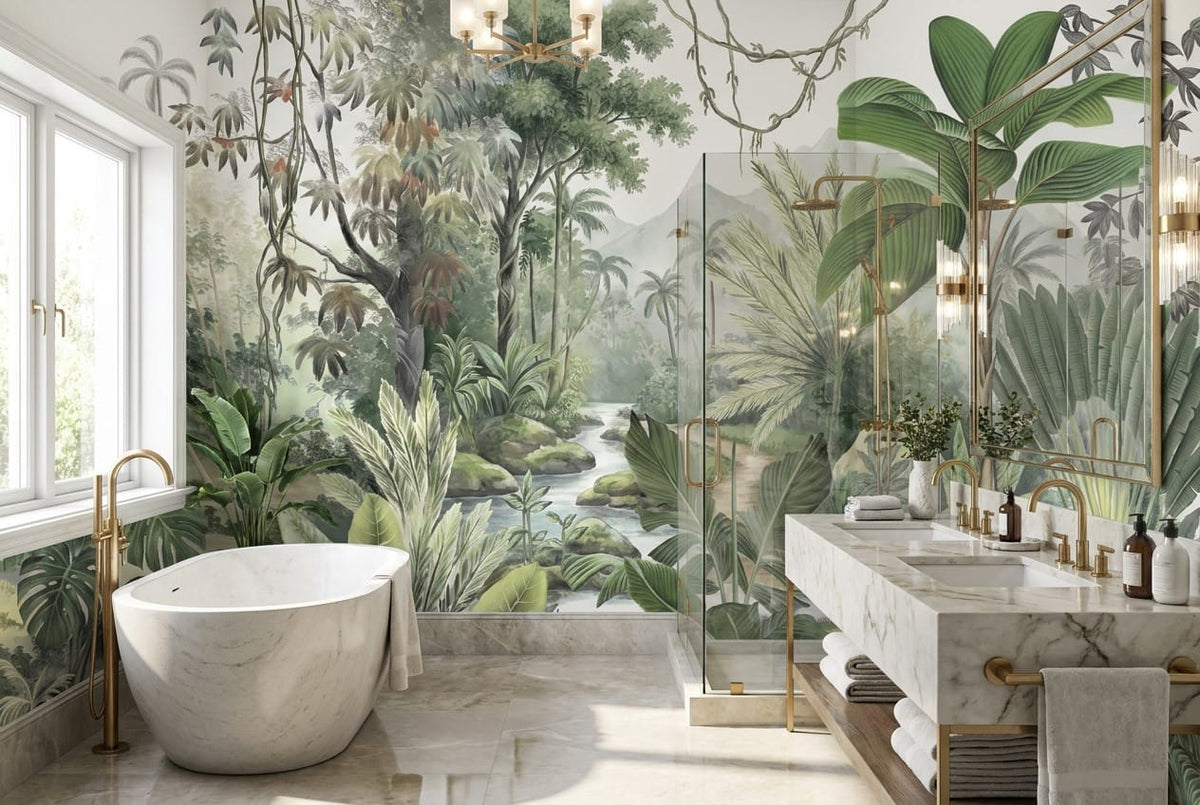 Soft Watercolor Valley Green Jungle Wallpaper Mural in custom