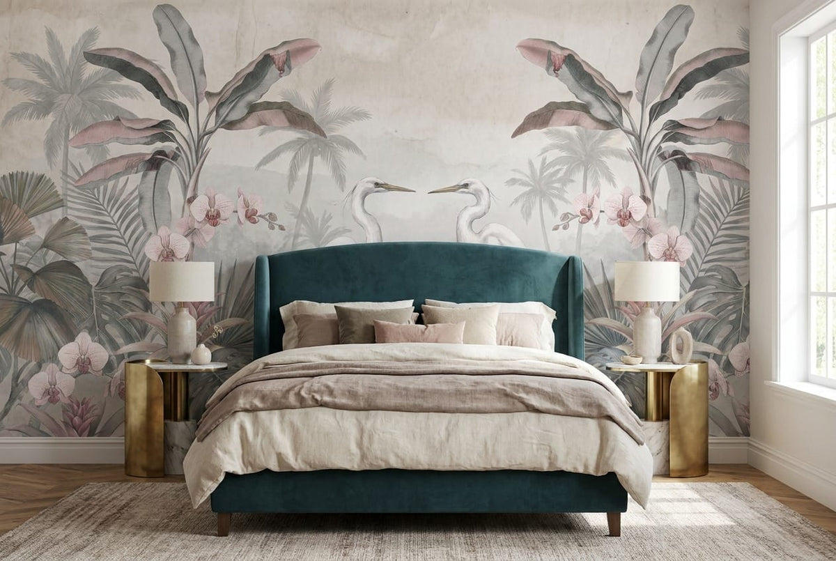 Blush Crane Orchid Tropical Jungle Wallpaper Mural in custom