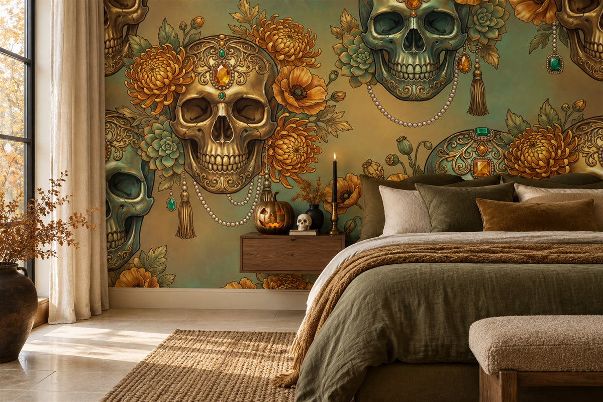 custom bedroom gothic gold skulls removable stick on non woven vinyl wallpaper mural