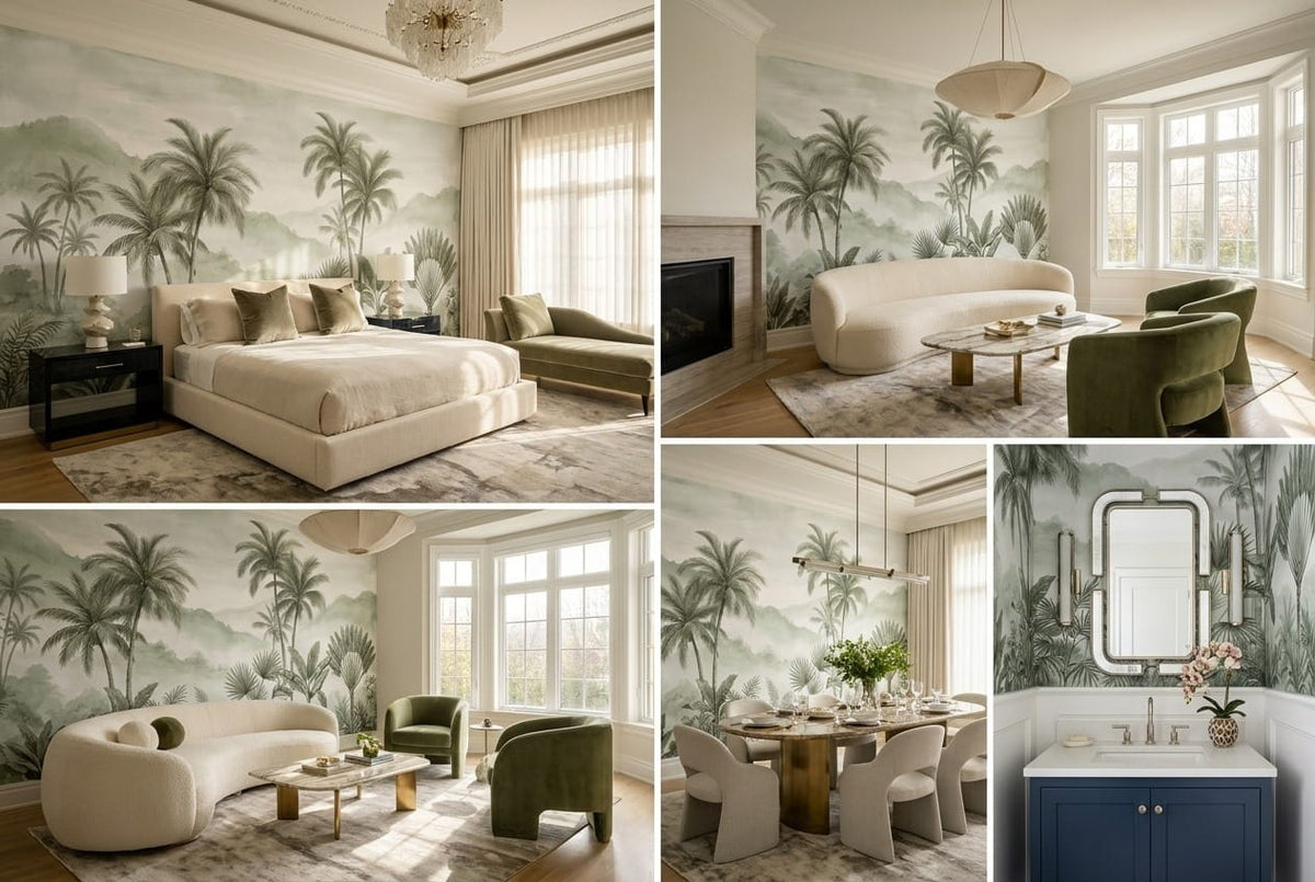 Mint Brown Hand Drawn Palm Vintage Jungle Wallpaper Mural in custom