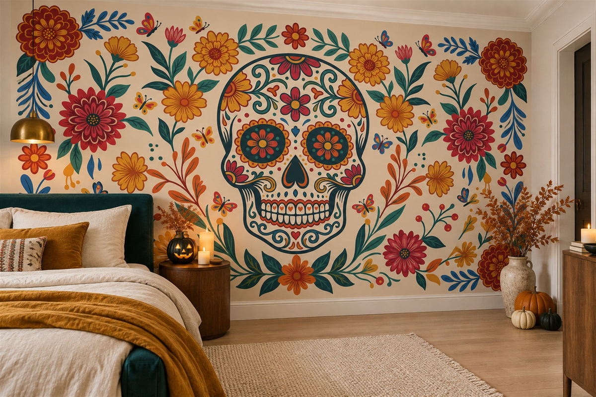custom bedroom orange skull removable peel and stick non woven vinyl wallpaper mural