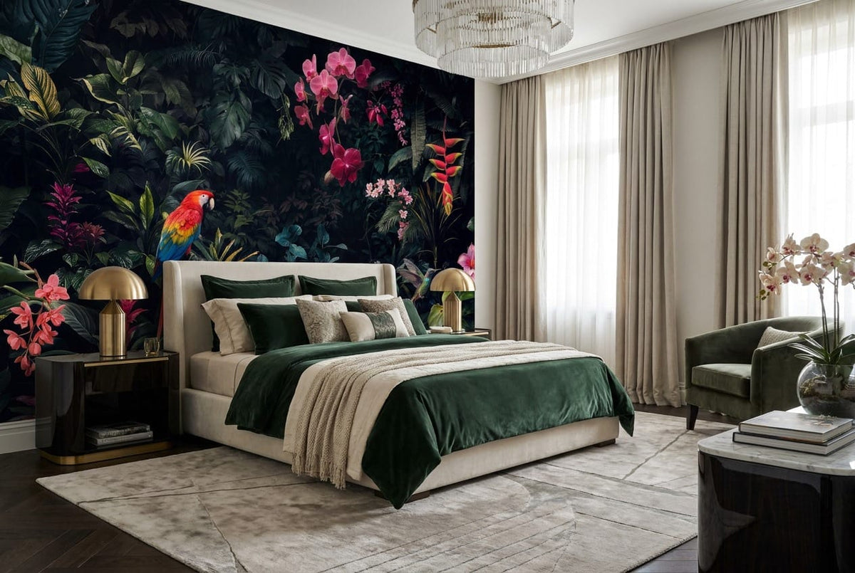 Plum Macaw Orchid Dark Jungle Wallpaper Mural in custom