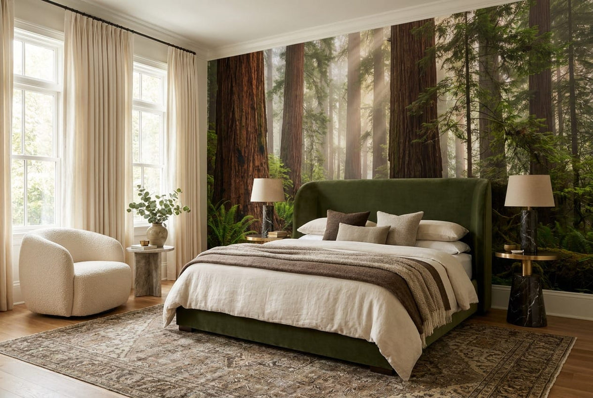 Misty Sunbeam Redwood Forest Path Wallpaper Mural in custom