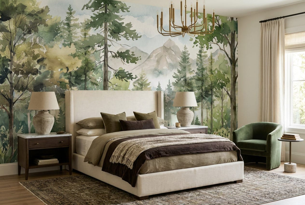 Forest Green Watercolor Alpine Forest Green Wallpaper Mural scene image