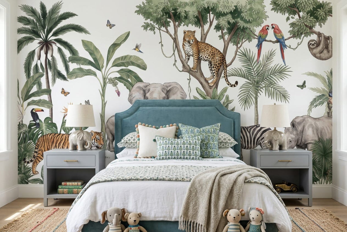 White Safari Animal Jungle Wallpaper Mural in custom