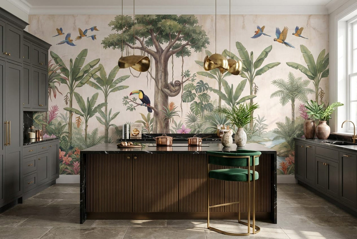 Soft Beige Botanical Tropical Rainforest Wallpaper Mural scene image