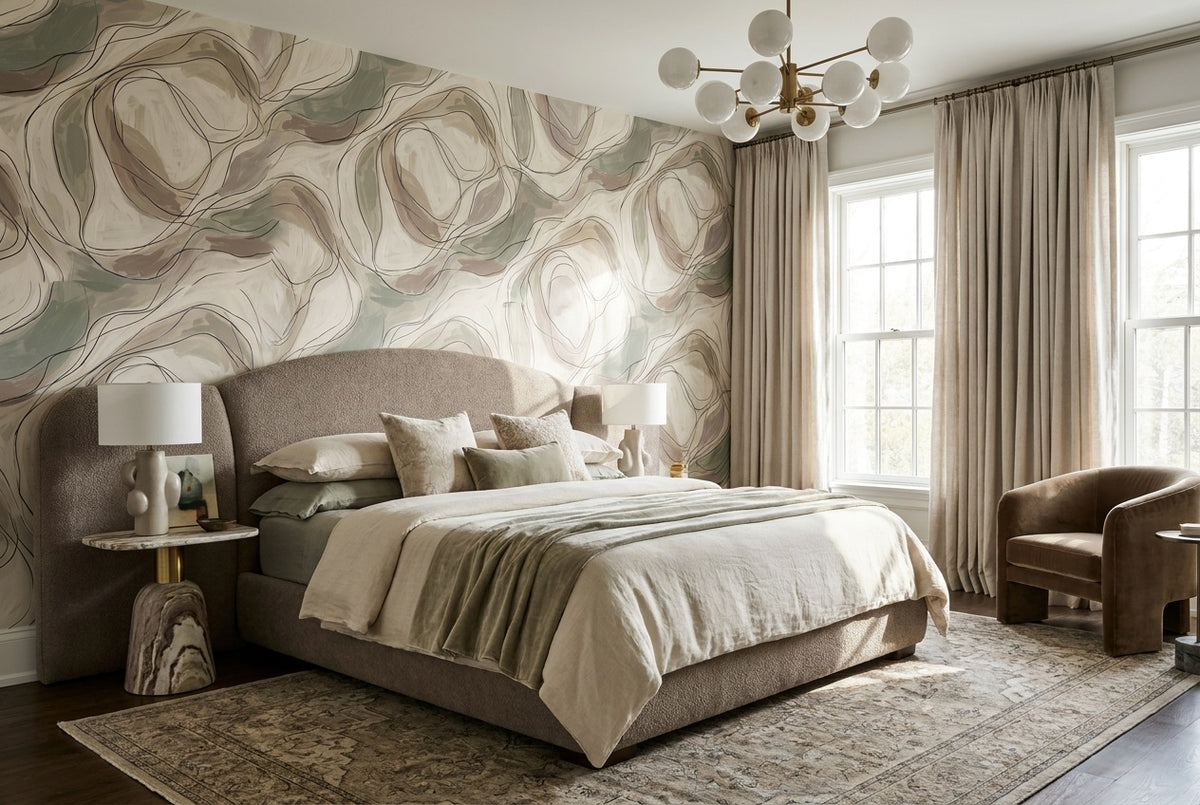 custom beige line art bedroom removable non woven vinyl stick on wallpaper mural