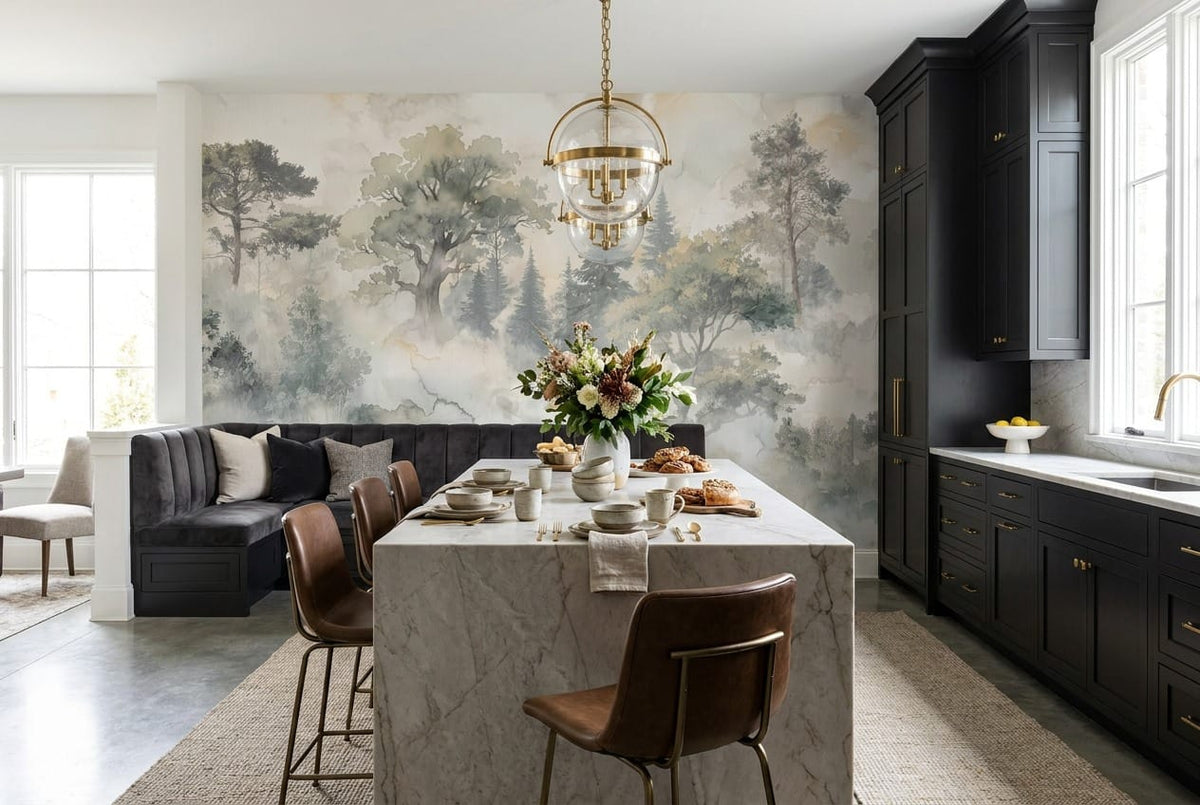Soft Beige Watercolor Nordic Misty Forest Wallpaper Mural scene image