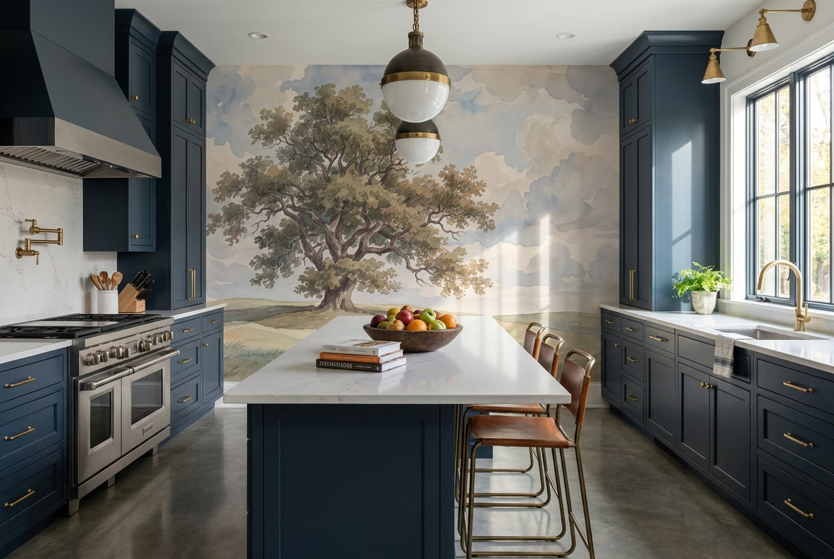 custom beige oak tree kitchen removable non woven vinyl stick on wallpaper mural