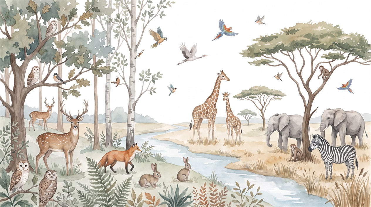 Muted Green Safari Riverside Wallpaper Mural