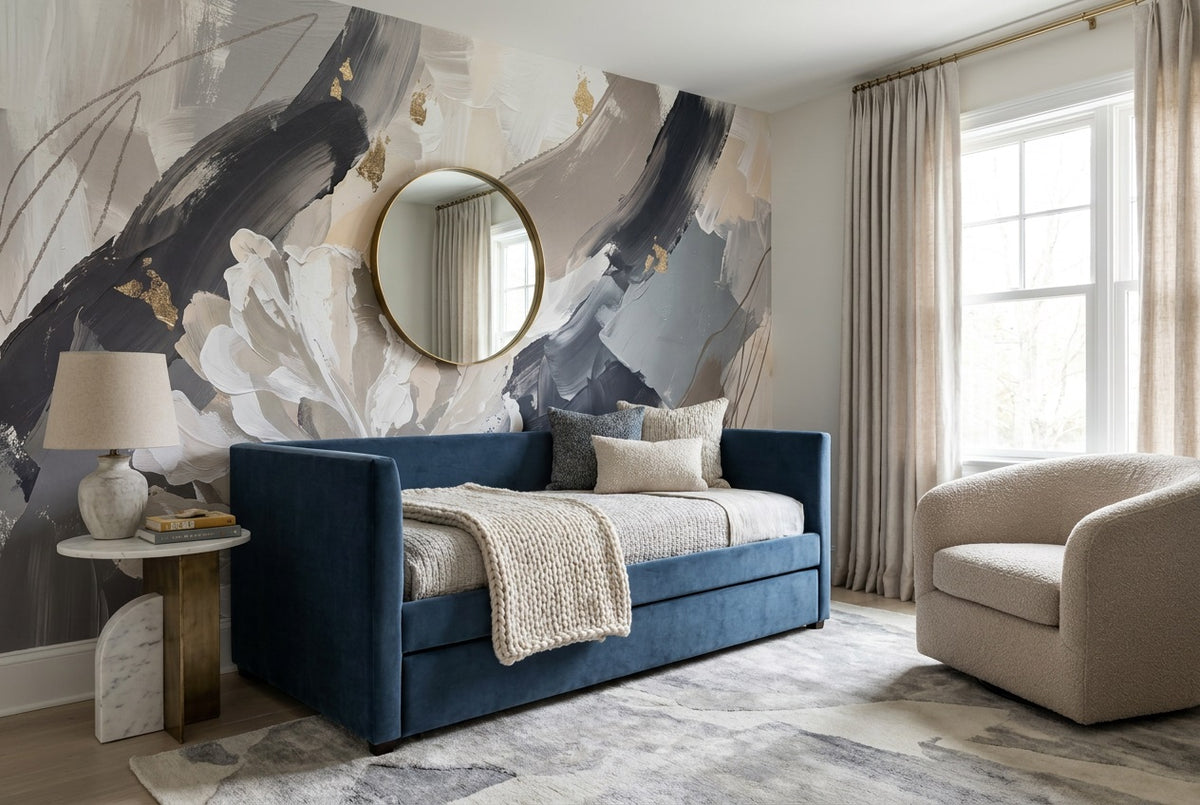 custom blue abstract floral nook removable non woven vinyl stick on wallpaper mural