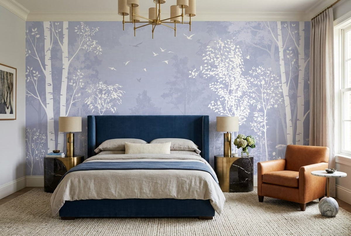 Misty Blue Watercolor Nordic Birch Forest Wallpaper Mural in custom