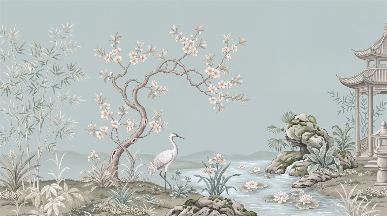 Powder Blue Crane Garden Wallpaper Mural