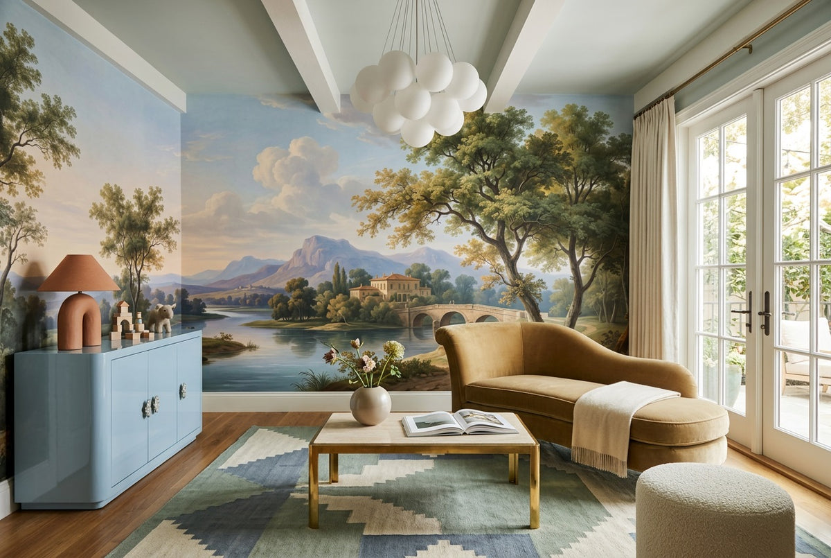 custom blue italian lake nook removable non woven vinyl peel and stick wallpaper mural