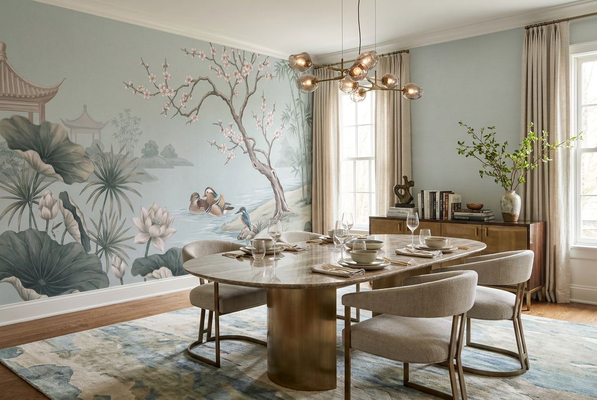 custom blue lotus ducks dining room removable non woven vinyl stick on wallpaper mural