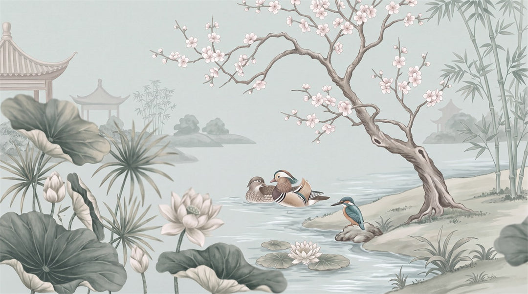custom blue lotus ducks wall removable non woven vinyl stick on wallpaper mural main