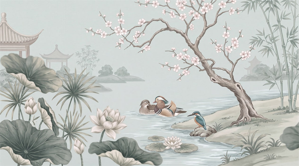custom blue lotus ducks wall removable non woven vinyl stick on wallpaper mural main