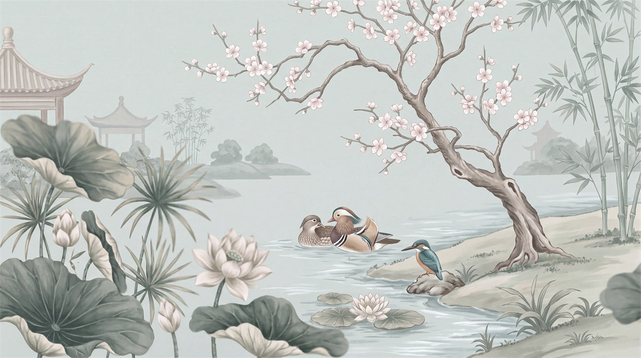 Pale Blue Lotus Pond And Birds Wallpaper Mural