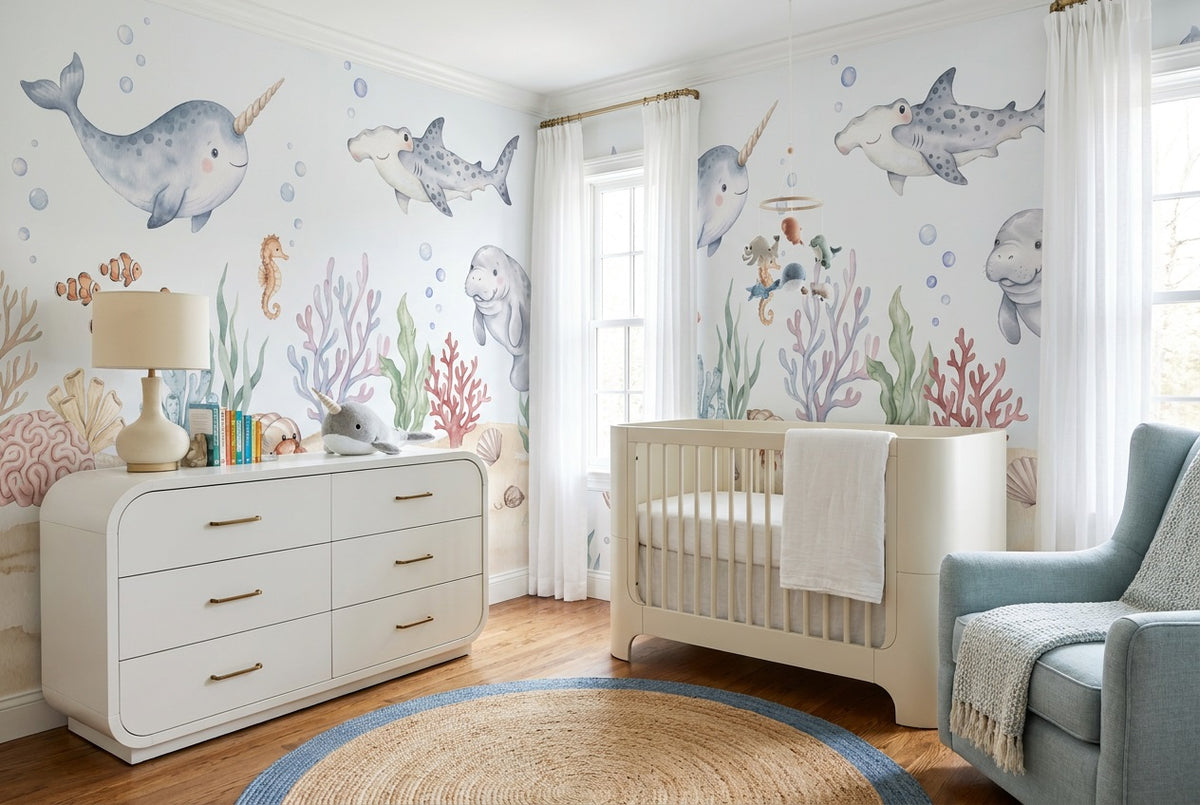 custom blue narwhal nursery removable non woven vinyl self adhesive wallpaper mural