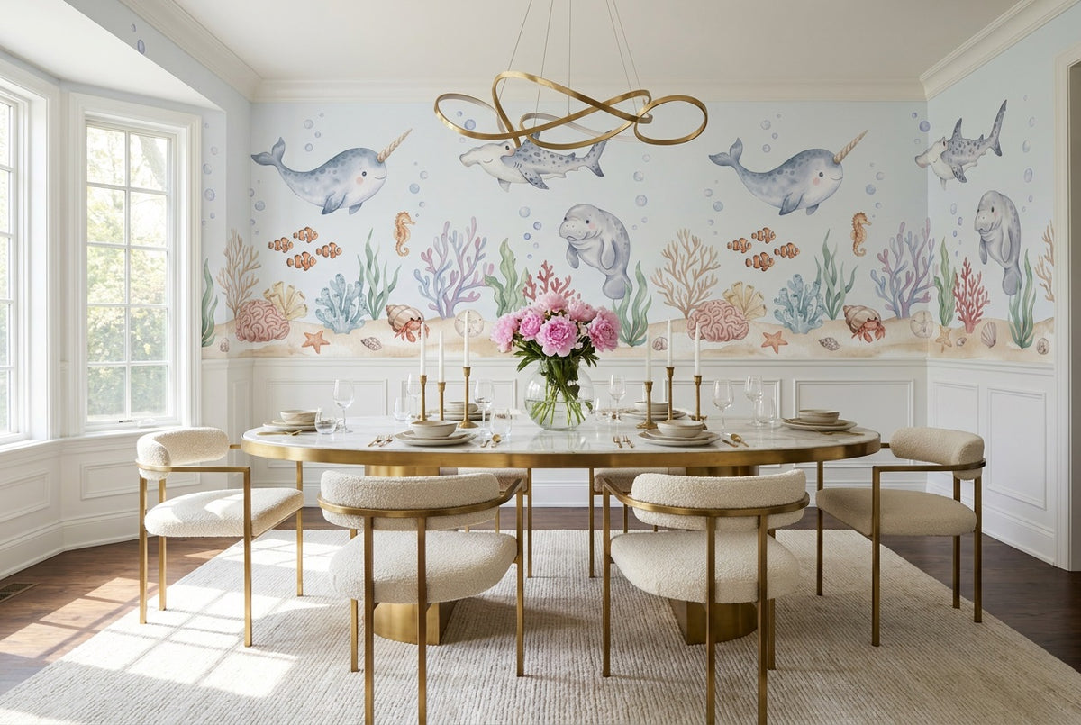 custom blue narwhal reef dining removable non woven vinyl stick on wallpaper mural