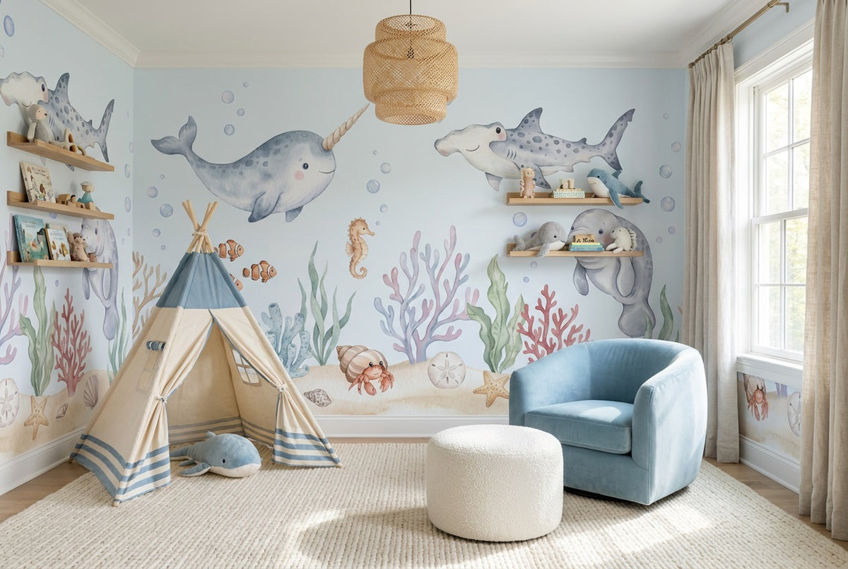 custom blue narwhal reef playroom removable non woven vinyl stick on wallpaper mural