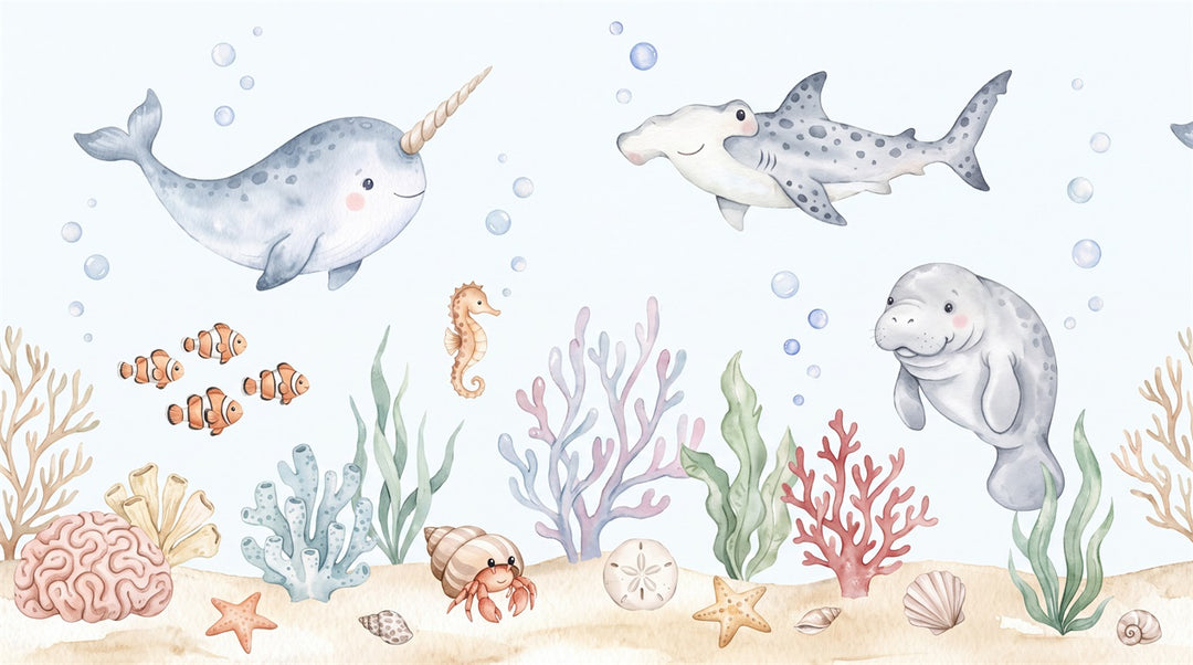 custom blue narwhal reef wall removable non woven vinyl stick on wallpaper mural main