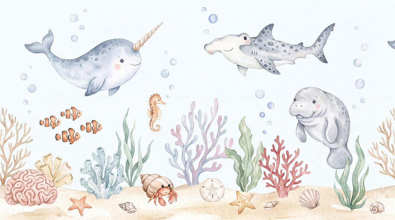 Pastel Blue Friendly Sea Animals Wallpaper Mural