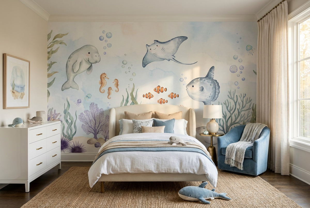 custom blue ocean kids room removable non woven vinyl peel and stick wallpaper mural