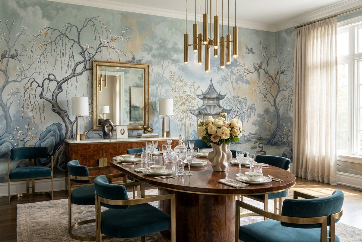 custom blue pavilion dining removable non woven vinyl peel and stick wallpaper mural