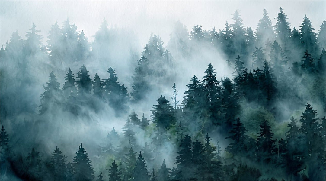 Misty blue watercolor forest wallpaper mural main image