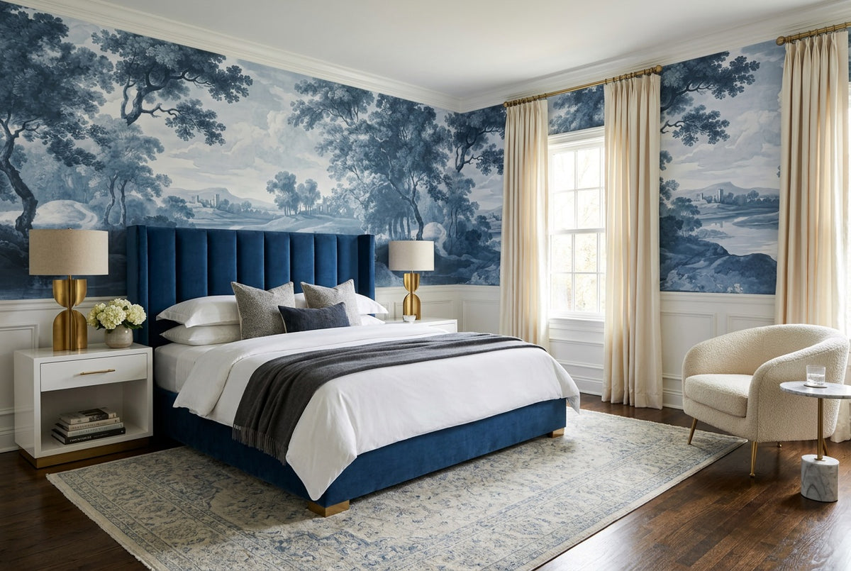 custom blue toile bedroom removable non woven vinyl peel and stick wallpaper mural