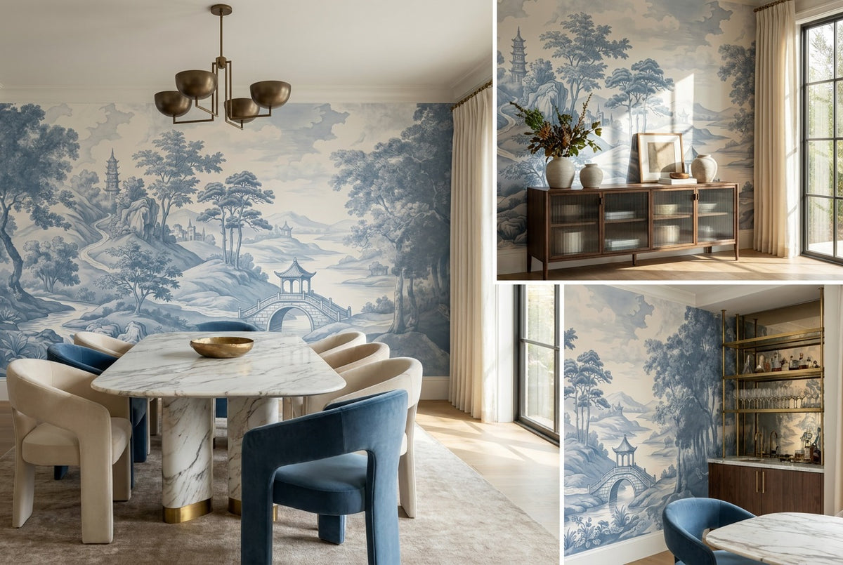custom blue toile dining room removable non woven vinyl stick on wallpaper mural views