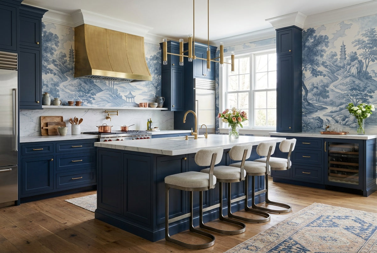 custom blue toile kitchen removable non woven vinyl peel and stick wallpaper mural