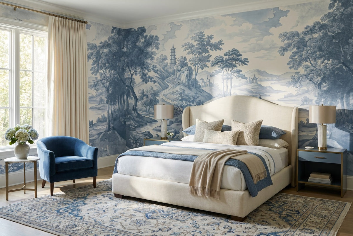 custom blue toile wallpaper mural bedroom self adhesive non woven vinyl removable