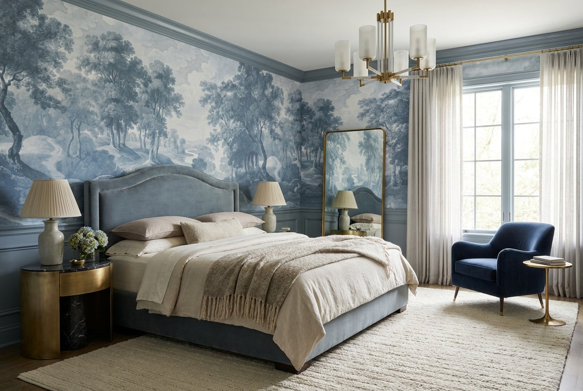 custom blue toile wallpaper mural bedroom self adhesive non woven vinyl removable