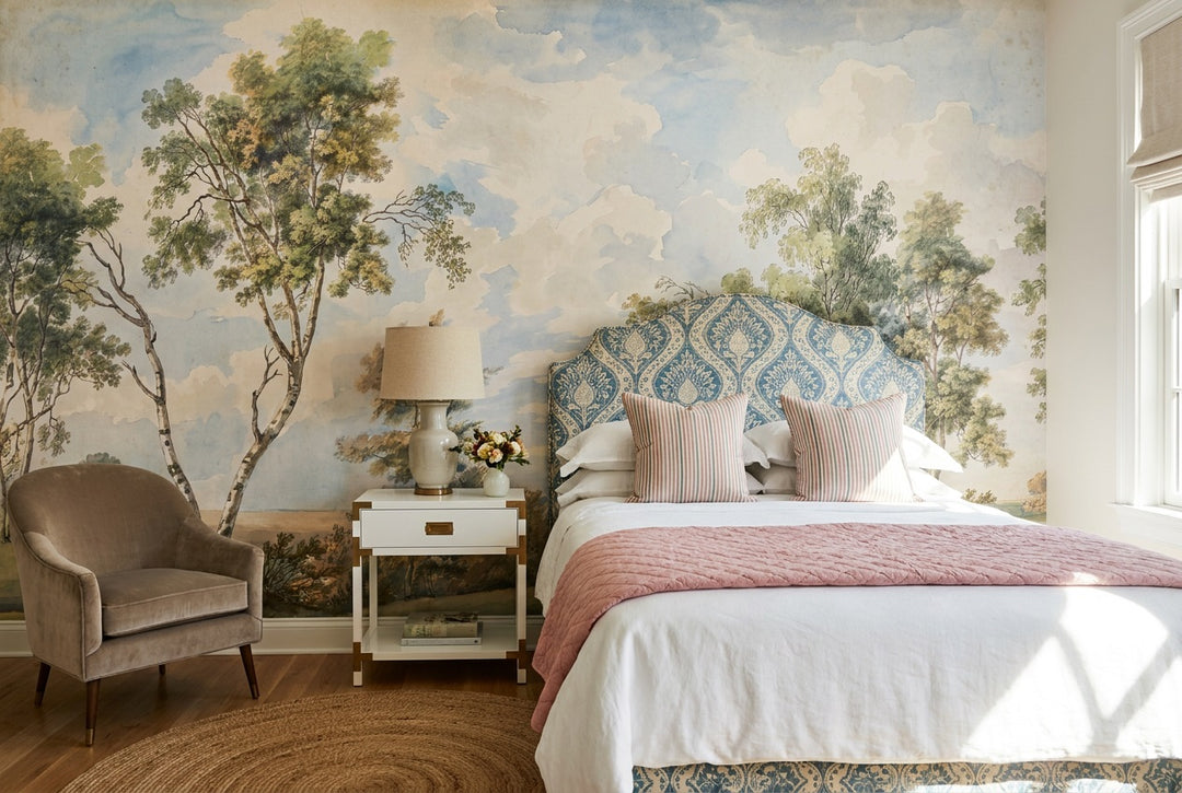 custom blue trees kids room removable non woven vinyl peel and stick wallpaper mural