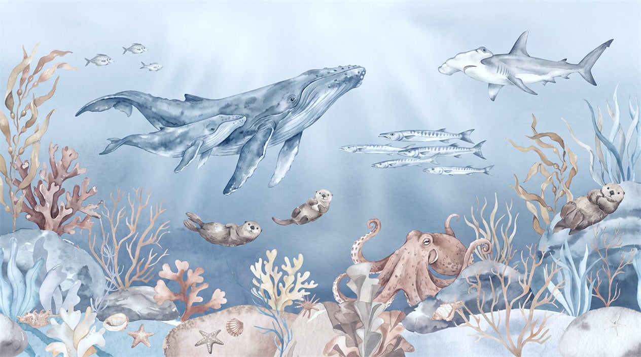 Blue Watercolour Whale Ocean Wallpaper Mural