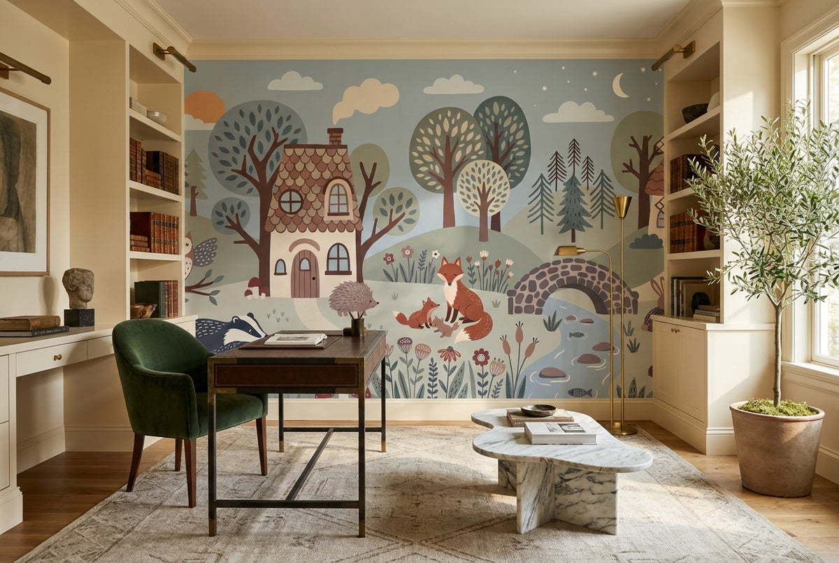 custom blue woodland cabins wallpaper mural study stick on non woven vinyl removable