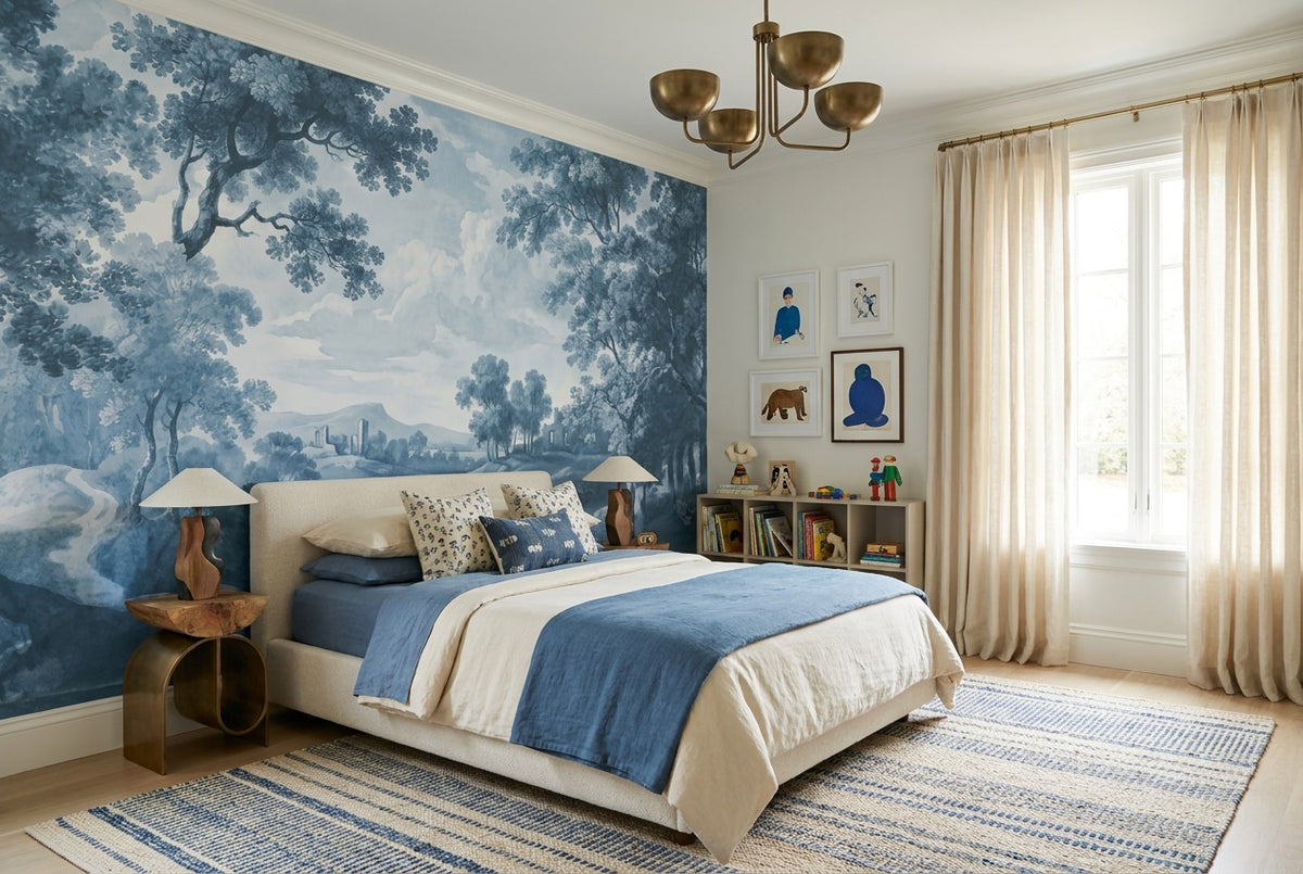 custom blue woodland toile kids removable non woven vinyl stick on wallpaper mural
