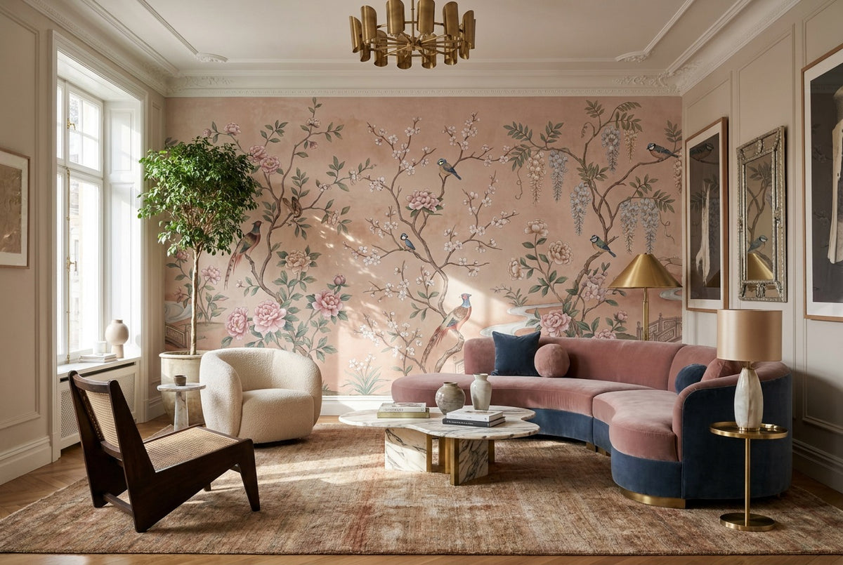 custom blush floral birds wallpaper mural lounge stick on non woven vinyl removable